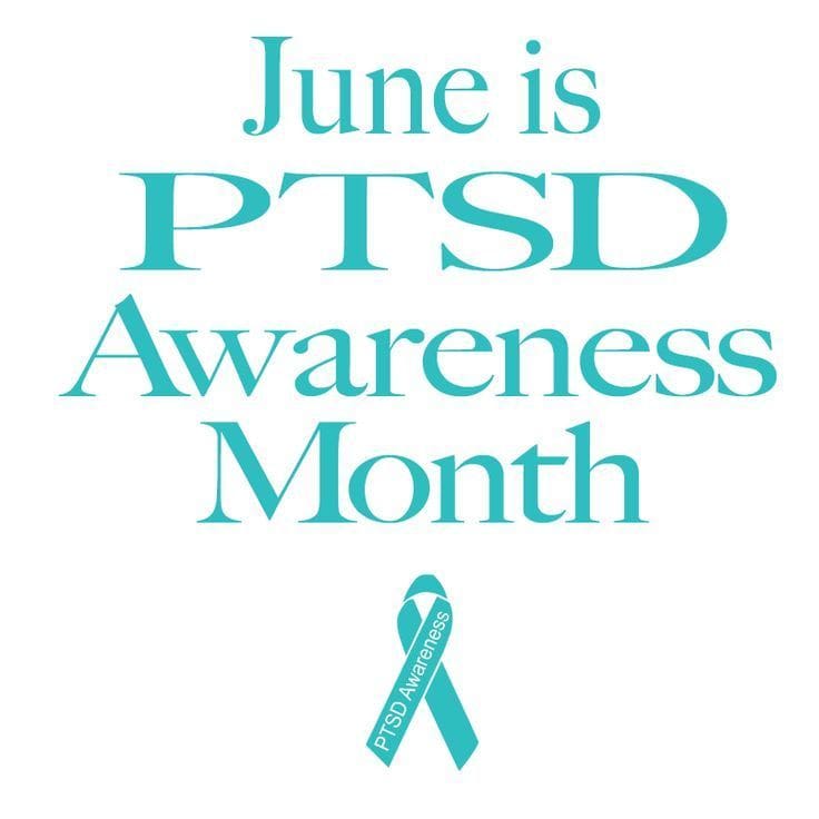 A teal ribbon with the words " june is ptsd awareness month ".