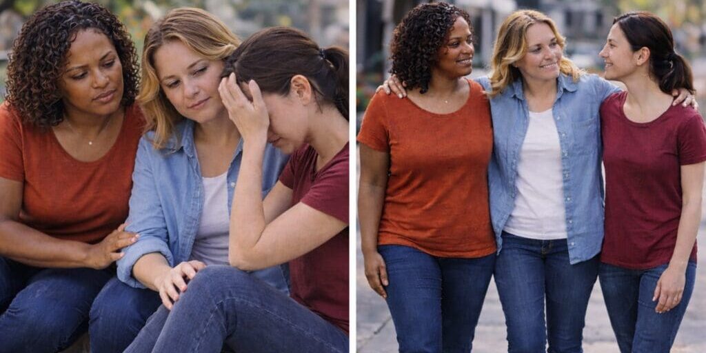 Three women supporting and comforting each other.